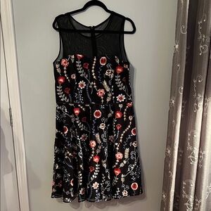 Tahari Arthur S. Levine Black Midi Dress with Red, blue, and White Floral Design